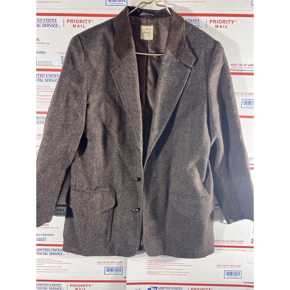 Vintage GH Bass Womens‎ Oversize Tweed Herringbone Blazer Leather Trim No Tag